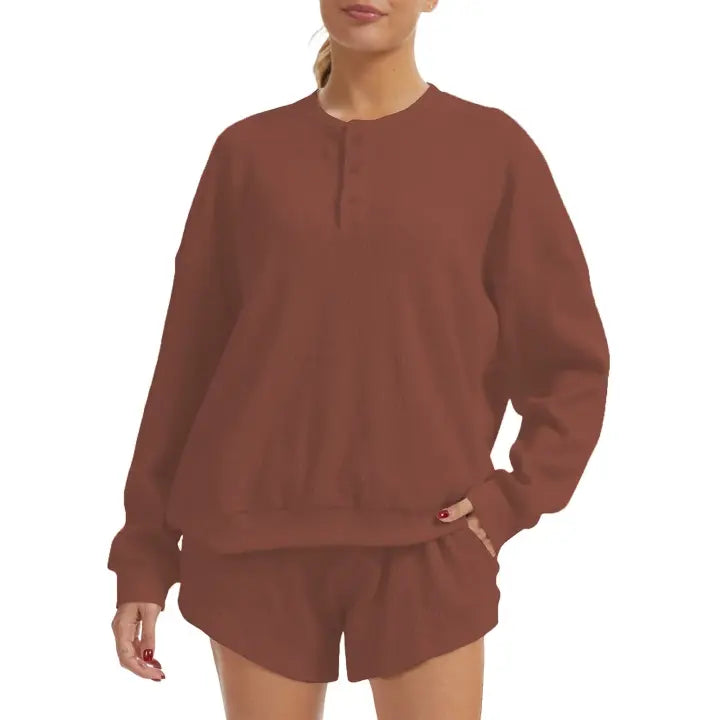 AnotherChill Women's Oversized Waffle Knit Lounge Set – Long Sleeve Henley Sweatshirt and High Waisted Shorts 2 Piece Casual Outfit